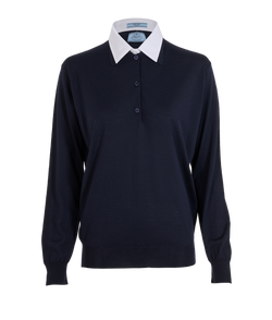 Prada Shirt Collar Fine Knit Polo Jumper, Wool/Cotton, Navy/White, UK8 3*