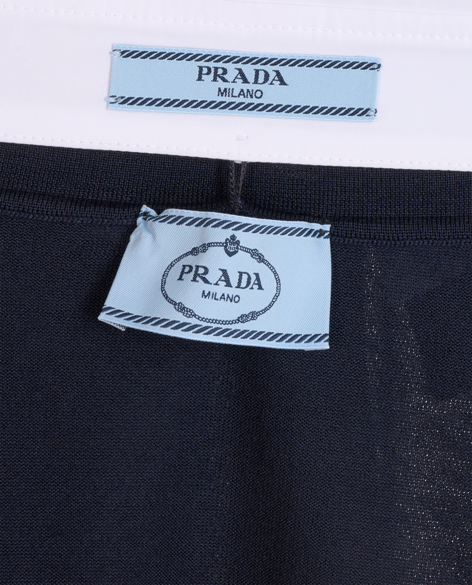 Prada Shirt Collar Fine Knit Polo Jumper, &pound;175, Clothing, Navy/White, Cotton/Wool, Other view