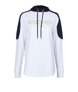 Balmain Logo Hoodie, Cotton, White/Blue, Sz S, 3*