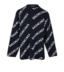 Balenciaga All Over Logo Sweater, Mens, Wool, Blue, Sz S, 2*