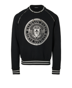 Balmain Crest Drawstring Sweatshirt, Mens, Cotton, Black, Sz L, 2*