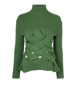 Bottega Veneta Ribbed Intrecciato Turtleneck Sweater, Wool, Green, Sz S,3*