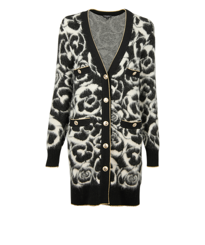 Chanel Camellia Print Long Cardigan, &pound;1,900, Clothing, Black/White, Alpaca Wool, Front view