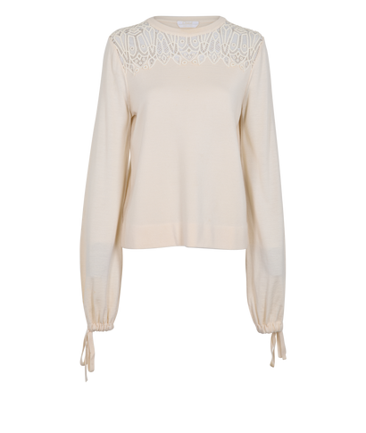 Chloe Lace Detail Jumper, &pound;195, Clothing, Cream, Silk/Wool, Front view