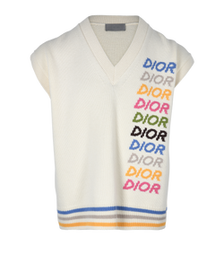 Christian Dior Logo-Knit Sleeveless Jumper, Mens, Wool, Cream, Sz M, 3*