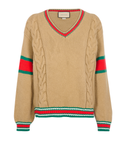 Gucci V-Neck Web Jumper, Men, Wool, Beige/Red, Sz M, 3*