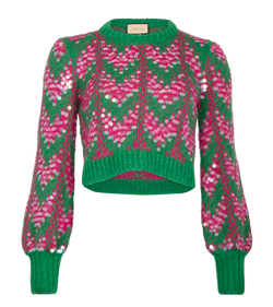 Gucci Crop Sequin Sweater, Mohair, Green/Pink, Sz XS, 3*