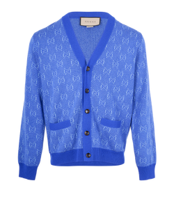 Gucci GG V-Neck Cardigan, Mens, Wool, Blue, SZ L, 3*