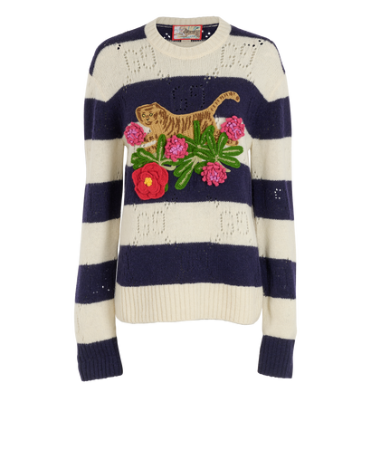 Gucci Tiger Embroidered Stripe Knitted Jumper, &pound;290, Clothing, Cream/Navy, Wool, Front view