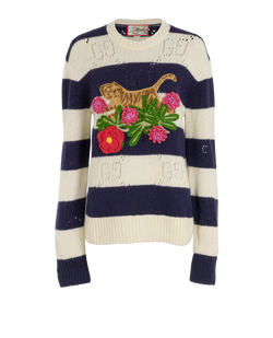 Gucci Tiger Embroidered Stripe Knitted Jumper, Wool, Navy/ Cream, S, 3*