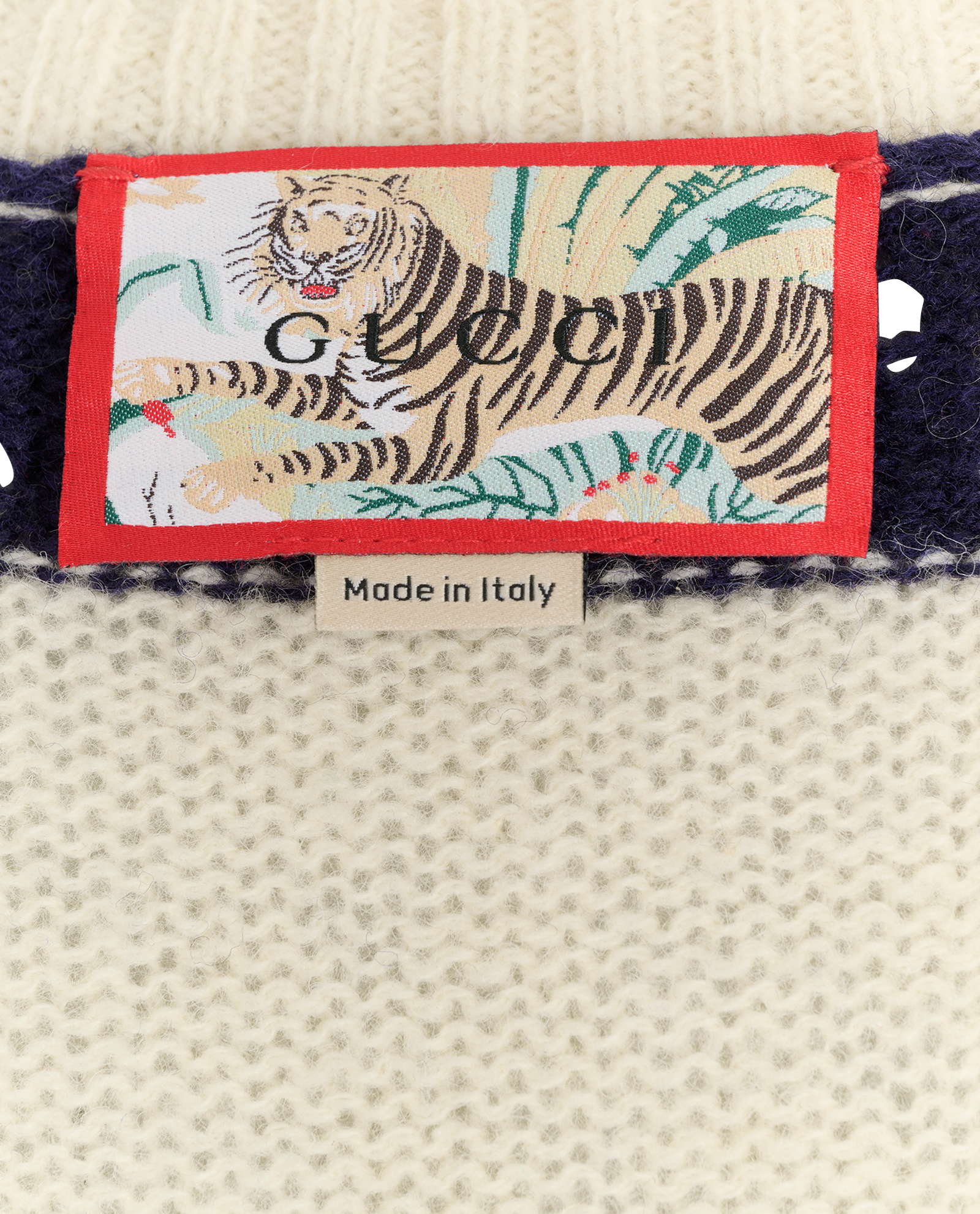 Gucci Tiger Embroidered Stripe Knitted Jumper, &pound;290, Clothing, Cream/Navy, Wool, Other view