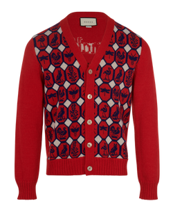 Gucci Animalium Jacquard Cardigan, Men, Wool/Alpaca, Red, Sz M, 3*