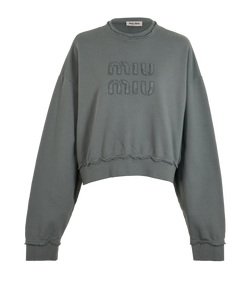 Miu Miu Distressed Logo Sweatshirt, Cotton, Grey, Sz L, 1*