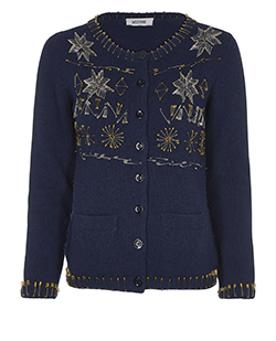 Moschino Button Up Pin Embroidered Cardigan, Wool, Navy, 10, 2*