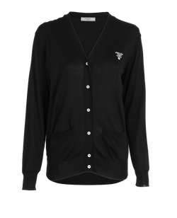 Prada Logo Cardigan, Recycled Silk, Black, UK4, 3*