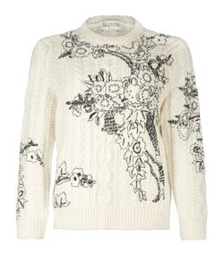 Valentino Flower Embroidered Jumper, Wool/Alpaca, White, M, 3*