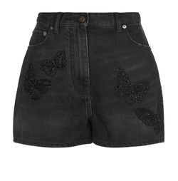Valentino Embellished Denim Shorts, Cotton, Black, UK6, 3*