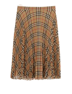 Burberry Check Print Pleated Skirt, Poly, Beige, UK 4, 2*