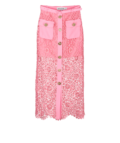Self Portrait Rose Lace Midi Skirt, £90, Clothing, Pink, Polyester (Polymer), Front view