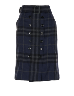 Burberry Check Belted Skirt, Wool, Blue, UK12, 2*