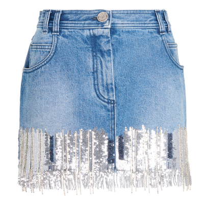 Balmain Diamanté Denim Mini Skirt, front view