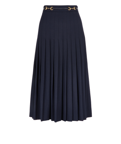 Gucci Horsebit Belt Pleated Midi Skirt, &pound;380, Clothing, Navy, Wool, Front view