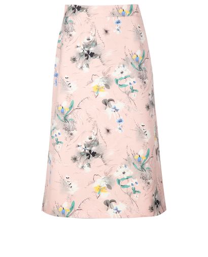 Prada Floral Print A Line Midi Skirt, &pound;190, Clothing, Pink, Cotton, Front view