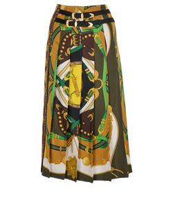 Versace Double-Belted Pleated Skirt, Silk, Brown/Yellow/Green, UK6, 2*