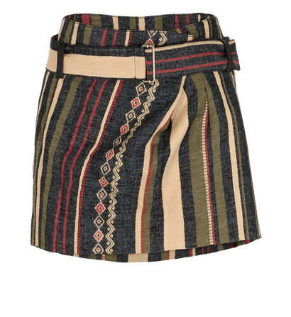 Saint Laurent Stripe Print Belted Mini Skirt, &pound;90, Clothing, Beige/Black, Cotton/Silk, Front view