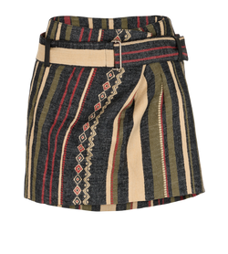 Saint Laurent Stripe Print Belted Mini Skirt,Silk/Cotton,Blk/Beige,UK8,3*