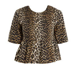 Ganni Animal Print Peplum Short Sleeve Blouse,Cotton,Beige/Crm/Blk,UK6,3*
