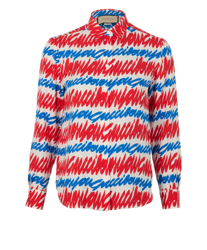 Gucci 'Loves You' Shirt, &pound;250, Clothing, Blue/Cream/Red, Silk, Front view