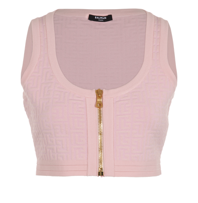 Balmain Monogram Jacquard Zip-Front Cropped Top, &pound;320, Clothing, Pink, Viscose/Wool, Front view