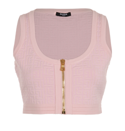 Balmain Monogram Jacquard Zip-Front Cropped Top,Wool/Viscose,Pink,UK10,2*