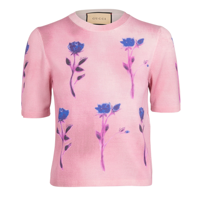 Gucci Floral Print Fine Knit Jumper, &pound;150, Clothing, Pink, Silk/Wool, Front view