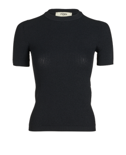 Fendi Ribbed Short Sleeves Top, Viscose, Black, UK4, 3*