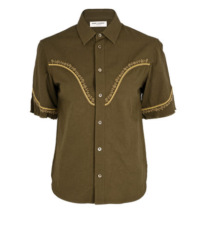 Saint Laurent Embroidered Raw-Trim Shirt, £230, Clothing, Green, Cotton/Linen, Front view