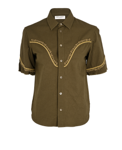 Saint Laurent Embroidered Raw-Trim Shirt, Cotton/Linen, Green, UK 6 2*