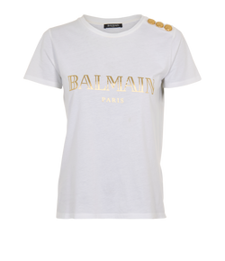 Balmain Logo T-Shirt, Cotton, White/Gold, UK6, 2*