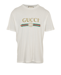 Gucci Logo & Floral Embroidered T-Shirt, Cotton, White, Sz L, 2*