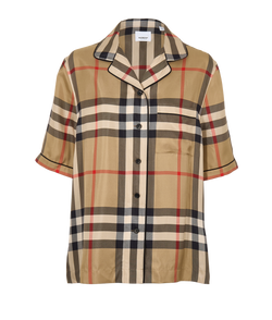 Burberry Checkered Short Sleeve Shirt, Silk, Beige, UK10, 2*