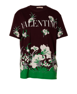 Valentino Logo & Floral Print T-Shirt,Mens,Cotton,Burgundy/Green, Sz M, 2*