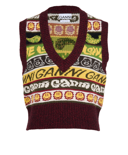 Ganni Graphic Log V-Neck Vest, &pound;90, Clothing, Burgundy/Yellow, Wool, Front view