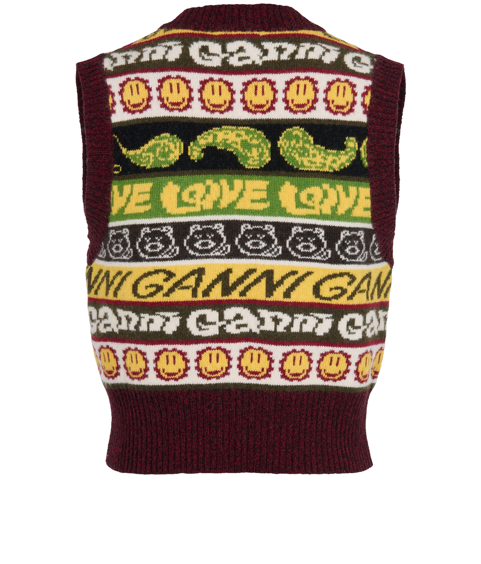 Ganni Graphic Log V-Neck Vest, &pound;90, Clothing, Burgundy/Yellow, Wool, Back view