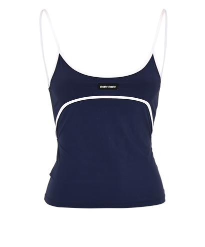 Miu Miu Stretch Logo Jersey Top, &pound;220, Clothing, Navy, Elastane/Polyester (Polymer), Front view