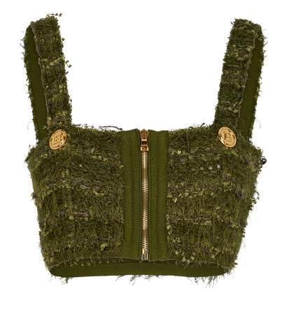 Balmain Tweed Crop Top, £310, Clothing, Green, Viscose, Front view