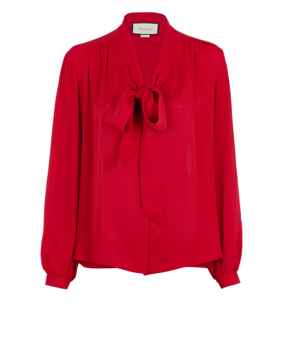 Gucci Decorative Bow Tie Collar Blouse, £230, Clothing, Red, Silk, Front view