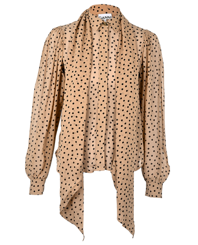 Ganni Polka Dot Tie-Neck Blouse, &pound;60, Clothing, Beige, Viscose, Front view