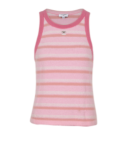 Chanel CC Logo Striped Sleeveless Top, Cotton/Cashmere, Pink, UK 8, 3*