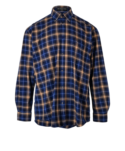 Balenciaga Logo Check Shirt, &pound;230, Clothing, Blue/Brown, Cotton, Front view